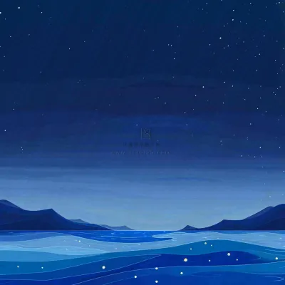 夜晚河面星空月亮唯美夜景扁平插画手绘