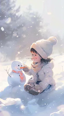 冬季白雪地堆雪人的小女孩可爱唯美大雪小雪冬至卡通插画背景