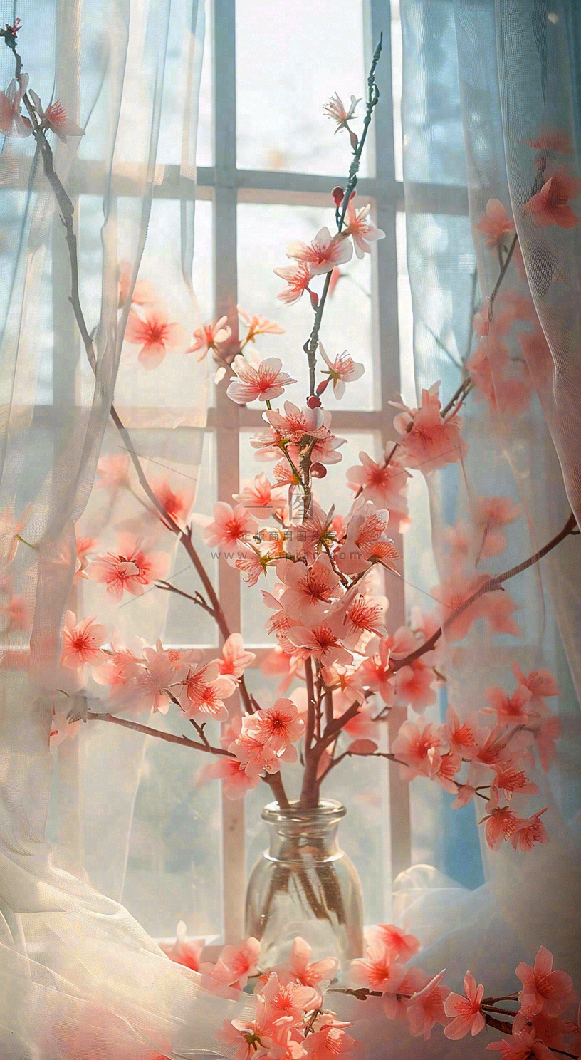 春天窗台花瓶粉色鲜花花束,春分