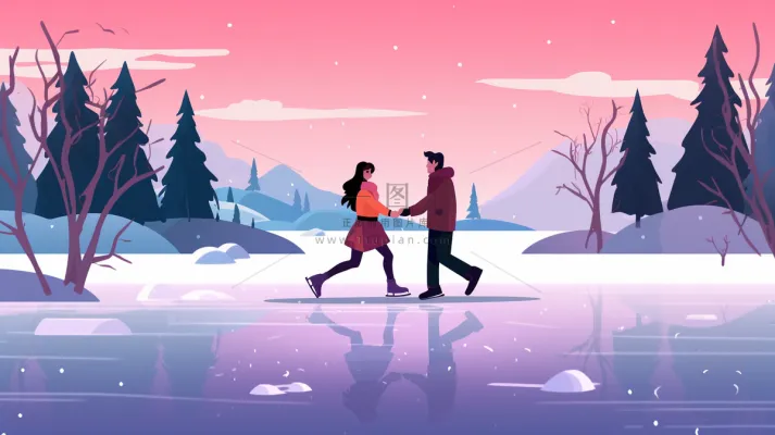 冬季雪山湖面溜冰滑冰的情侣夕阳余晖卡通插画背景 冬季雪山湖面溜冰滑冰的情侣夕阳余晖卡通插画背景