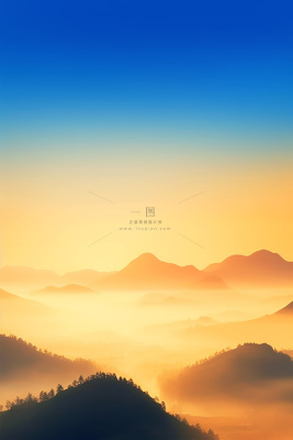 渐变蓝天黄昏落日山脉节气海报背景 渐变蓝天黄昏落日山脉节气海报背景