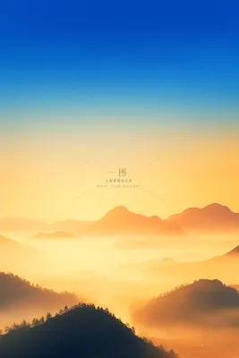 渐变蓝天黄昏落日山脉节气海报背景 渐变蓝天黄昏落日山脉节气海报背景