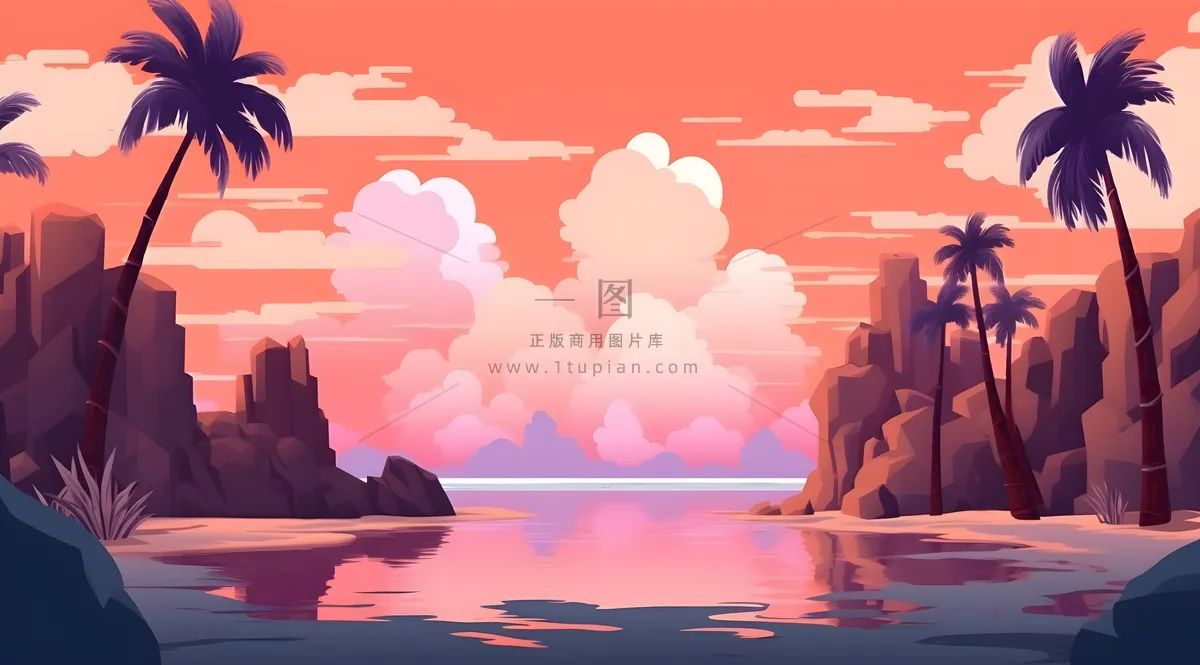 海滩上有棕榈树、岩石、沙子和水，海滩上有云，充满活力的卡通风格，极简主义背景插画背景