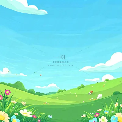 春天清新蓝天白云草地绵羊花朵扁平插画手绘 春天清新蓝天白云草地绵羊花朵扁平插画手绘