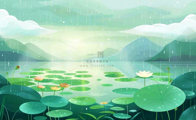夏日荷花盛开暴雨天气山水花处暑小暑卡通插画背景 夏日荷花盛开暴雨天气山水花处暑小暑卡通插画背景