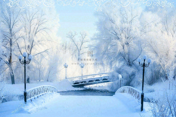 冬天白雪皑皑雪景河流街道路灯桥小雪大雪冬至雪花背景