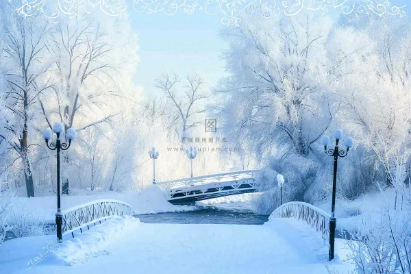 冬天白雪皑皑雪景河流街道路灯桥小雪大雪冬至雪花背景