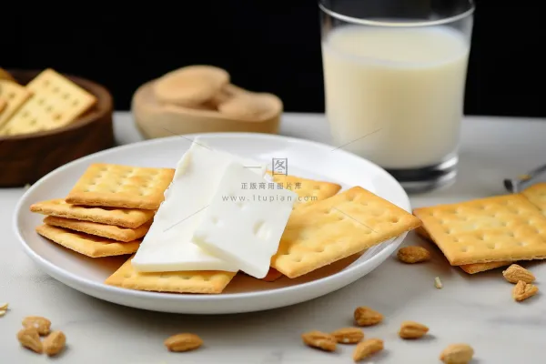 营养早餐苏打饼牛奶坚果摄影图