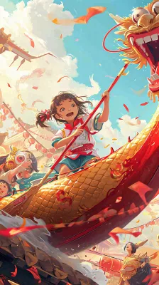 海面上龙船开船手绘插画，孩子人物，蓝天白云古风