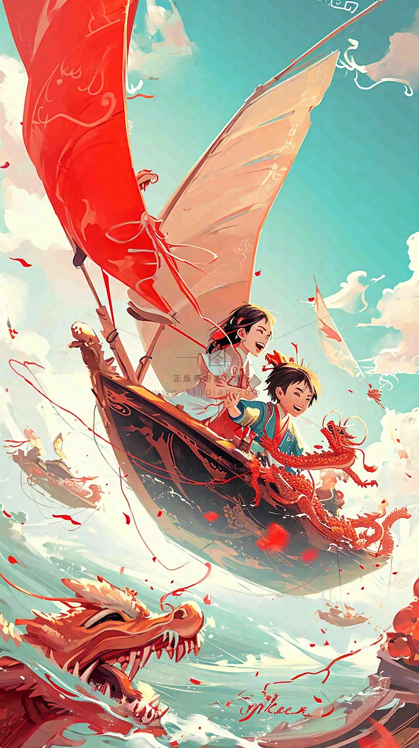 海面上龙船开船手绘插画，孩子人物，蓝天白云古风