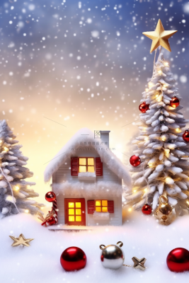 圣诞装饰白雪小房子节日摆件摄影图