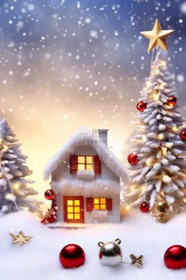 圣诞装饰白雪小房子节日摆件摄影图