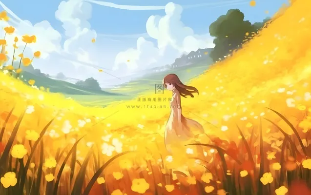 蓝天白云草坪草原人物黄色花朵手绘插画海报素材背景 蓝天白云草坪草原人物黄色花朵手绘插画海报素材背景
