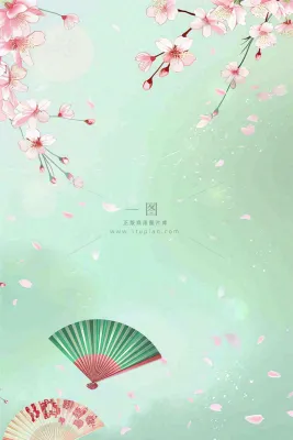 绿色清新春天唯美樱花扇子水彩插画背景