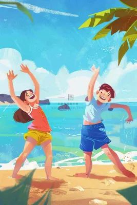 夏至海边沙滩度假玩乐小暑大暑节气插画背景