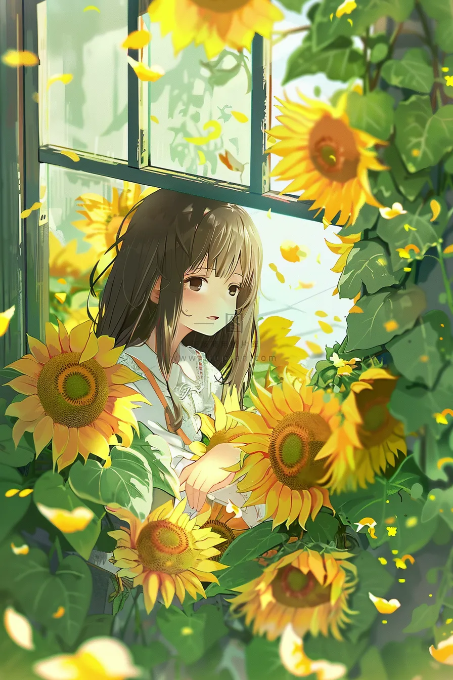 在向日葵花海窗台上沉思的少女插画背景