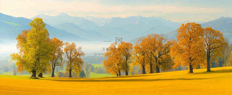 秋天山脉秋叶树木，秋分摄影图