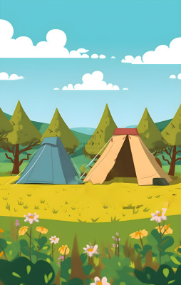 户外野外森林草原露营人们卡通插画背景 户外野外森林草原露营人们卡通插画背景