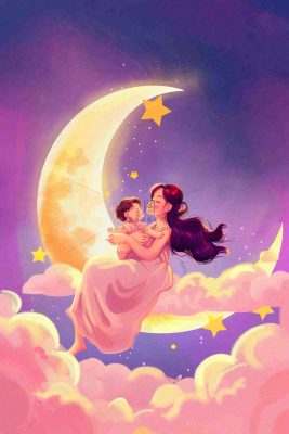 妈妈抱着孩子母亲节创意插画月亮睡眠晚安背景