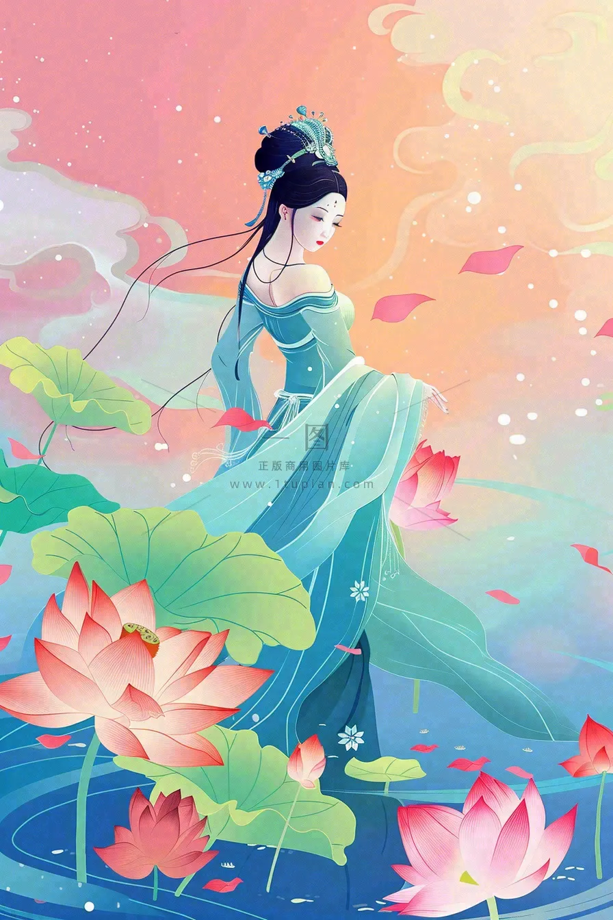 夏天古风国风古装少女荷花莲花池塘夜晚赏月夏至处暑中秋插画背景