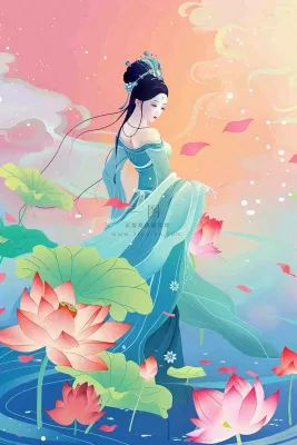 夏天古风国风古装少女荷花莲花池塘夜晚赏月夏至处暑中秋插画背景 夏天古风国风古装少女荷花莲花池塘夜晚赏月夏至处暑中秋插画背景