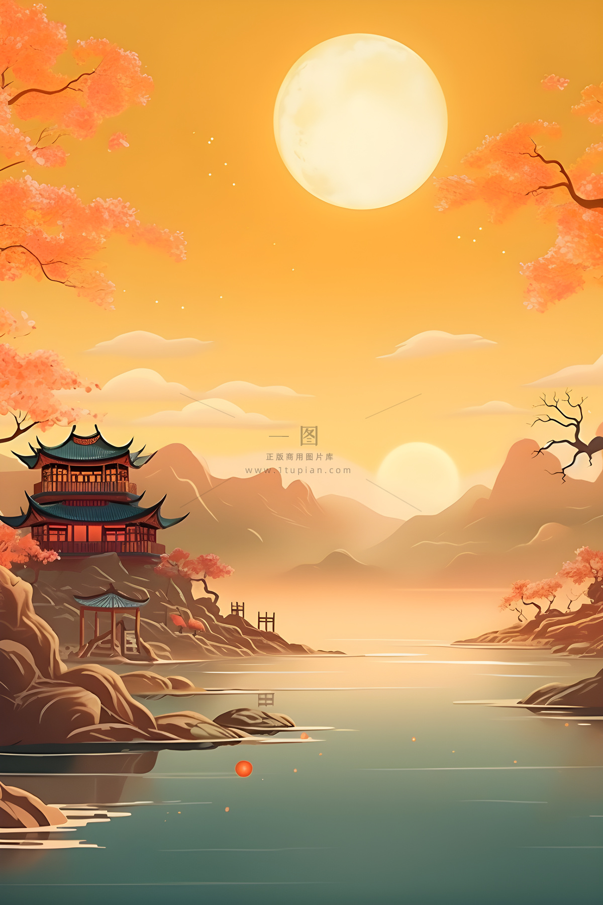 国风月亮淡雅渐变意境背景