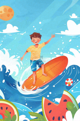 夏日炎热冲浪运动男孩西瓜清凉海鸥立夏夏至小暑大暑卡通插画背景