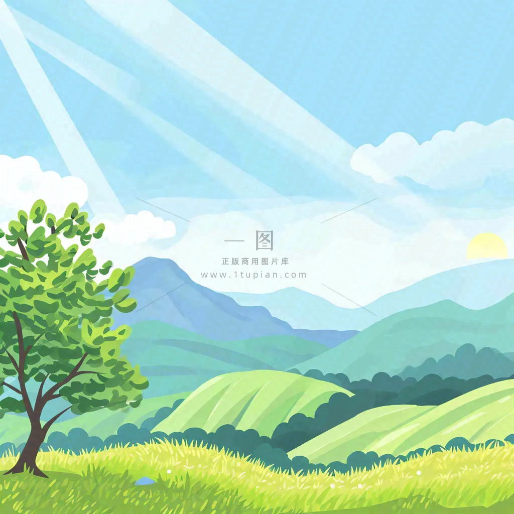 春天清新山脉田间草地绿植手绘插画