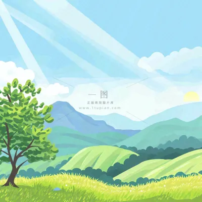 春天清新山脉田间草地绿植手绘插画