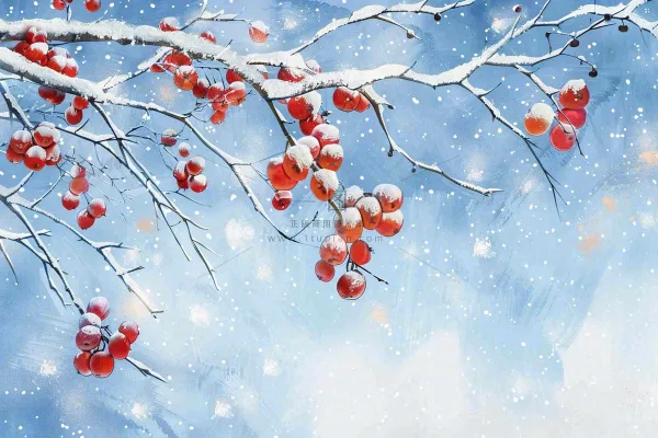 冬天白雪覆盖的红色果实白霜霜降小雪大雪水彩插画背景