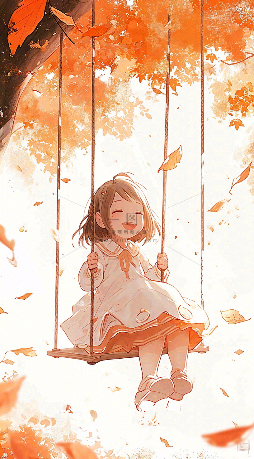 秋天秋叶少女儿童荡秋千玩耍,可爱手绘插画