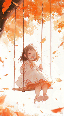 秋天秋叶少女儿童荡秋千玩耍,可爱手绘插画 秋天秋叶少女儿童荡秋千玩耍,可爱手绘插画