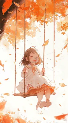 秋天秋叶少女儿童荡秋千玩耍,可爱手绘插画 秋天秋叶少女儿童荡秋千玩耍,可爱手绘插画
