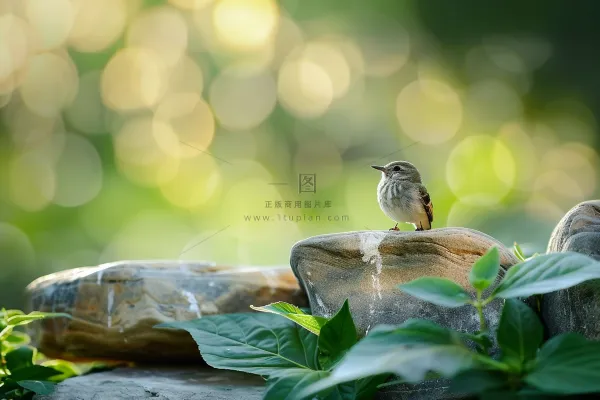 夏日公园石头上的小鸟绿意摄影图