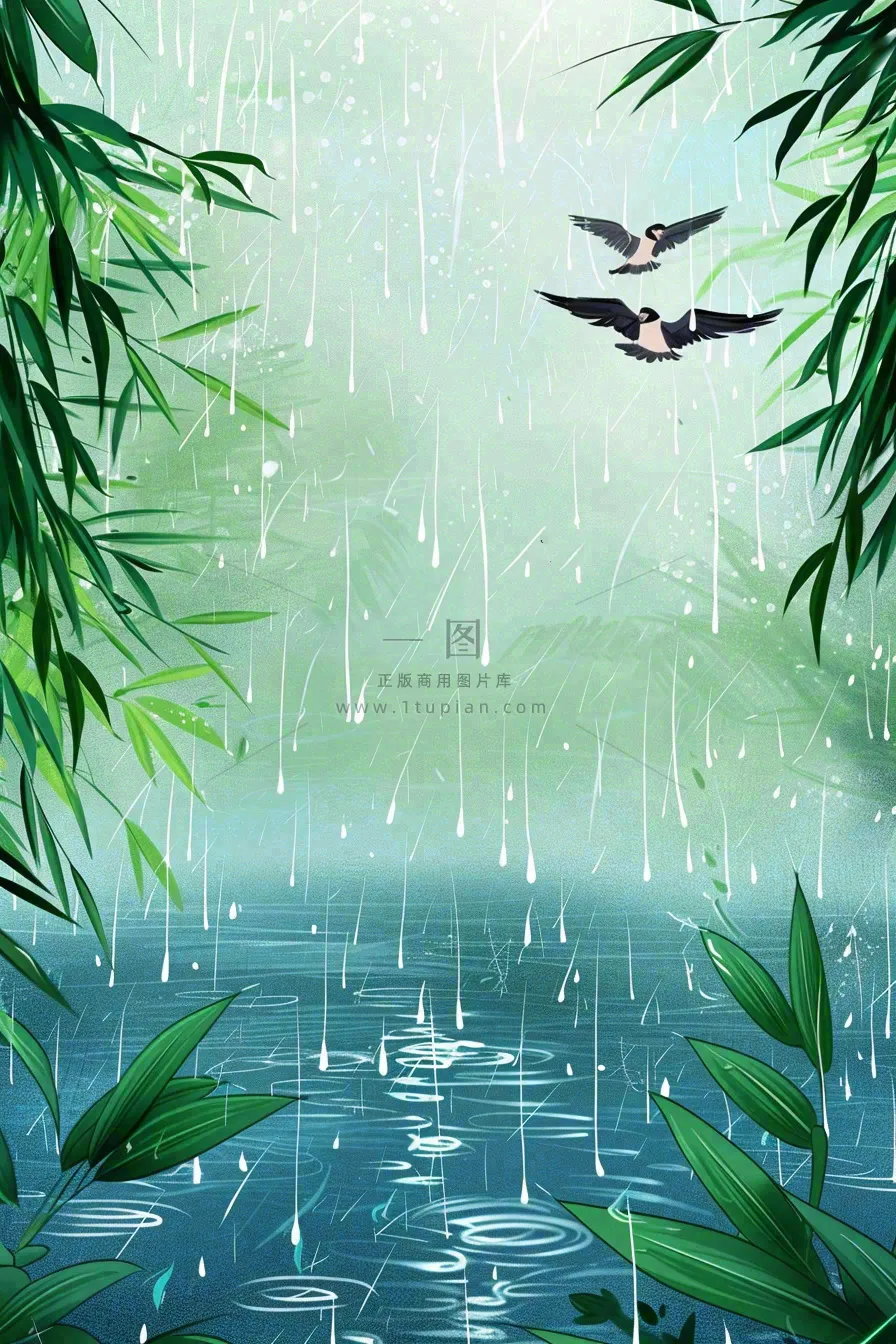 春天大雨磅礴绿叶植物燕子雨滴敲打水面雨水谷雨卡通插画背景