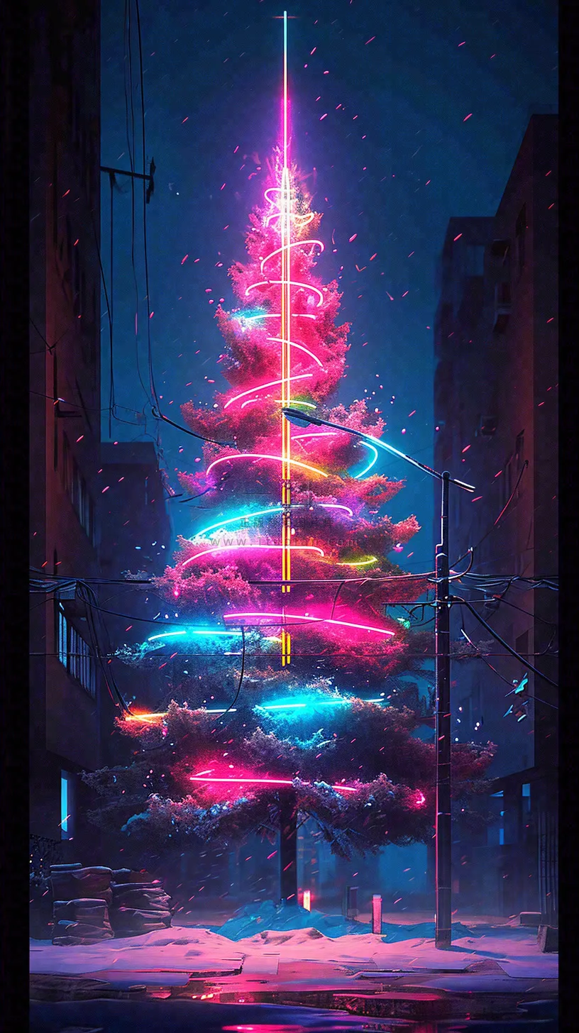 炫酷圣诞彩色缤纷圣诞树节日,夜晚街道建筑,暗黑