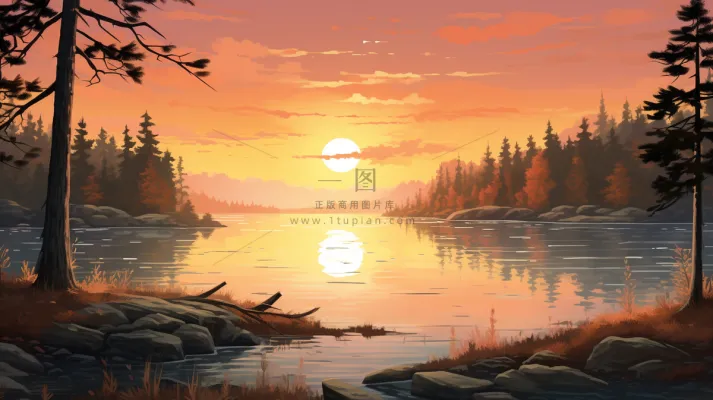 秋季夕阳下的森林湖泊倒映插画素材背景