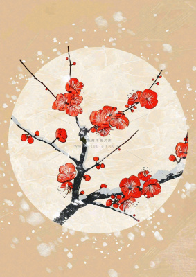 冬天梅花红圆形背景纸张纹理古风国风节日小年插画背景 冬天梅花红圆形背景纸张纹理古风国风节日小年插画背景