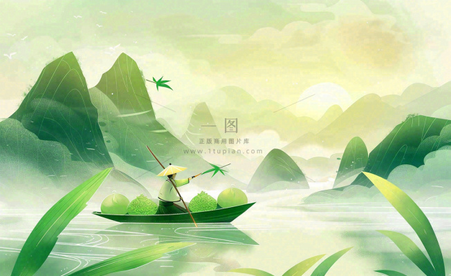 端午时节青山绿水泛舟竹叶中国风插画背景