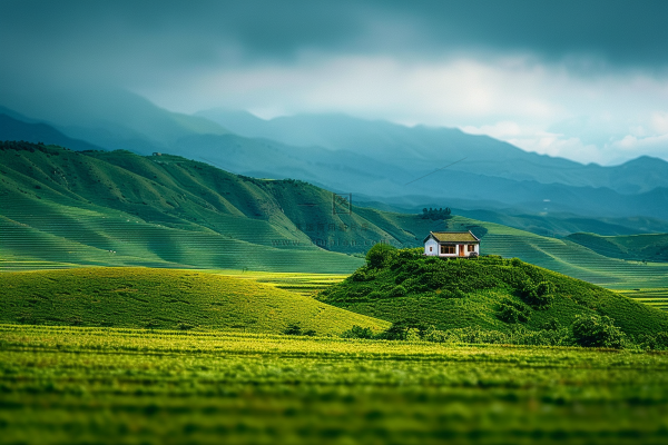 春天草甸山峦树木草地摄影图