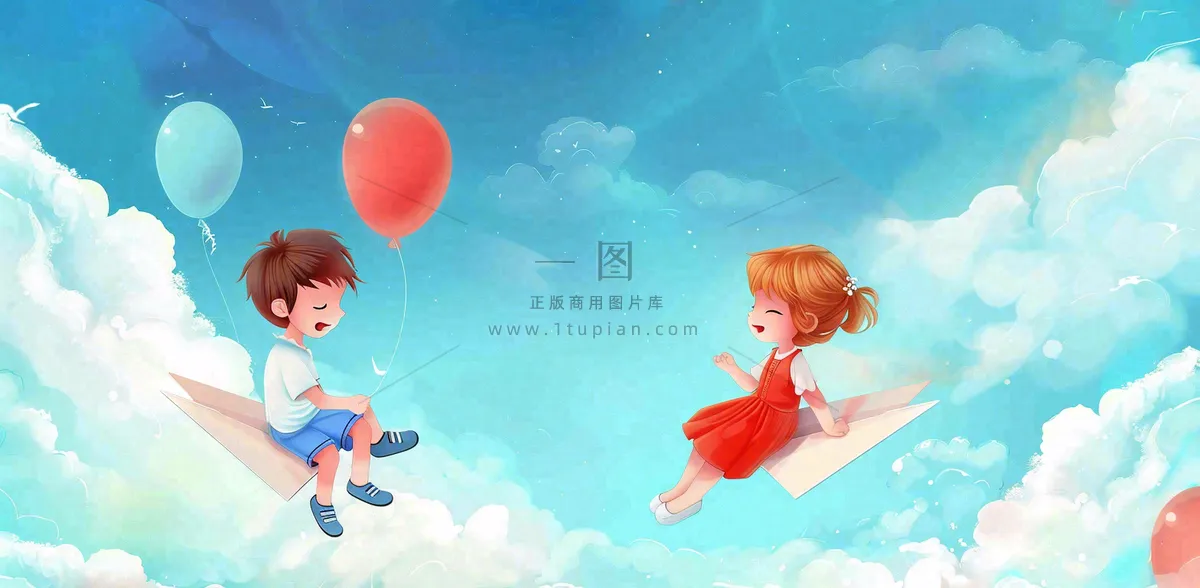 白云蓝天坐着纸飞机的儿童天空儿童节卡通插画背景
