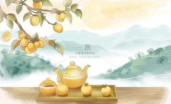 秋天果树杏树下茶壶饮茶卡通插画立秋秋分背景 秋天果树杏树下茶壶饮茶卡通插画立秋秋分背景
