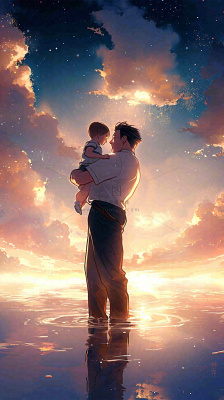 父爱父亲节海边落日温馨爱意浪漫插画