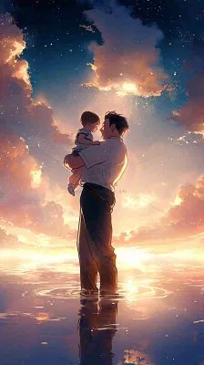 父爱父亲节海边落日温馨爱意浪漫插画