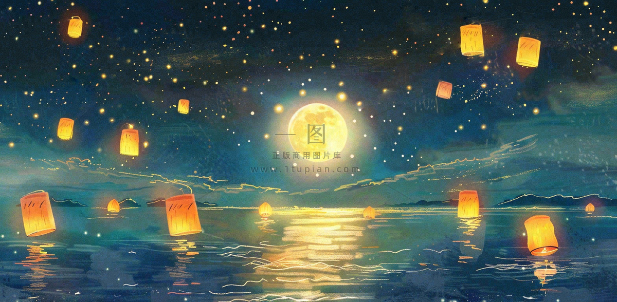 月亮中秋节河灯中元节风景唯美插画背景