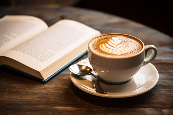 书桌上的咖啡下午茶书本摄影图