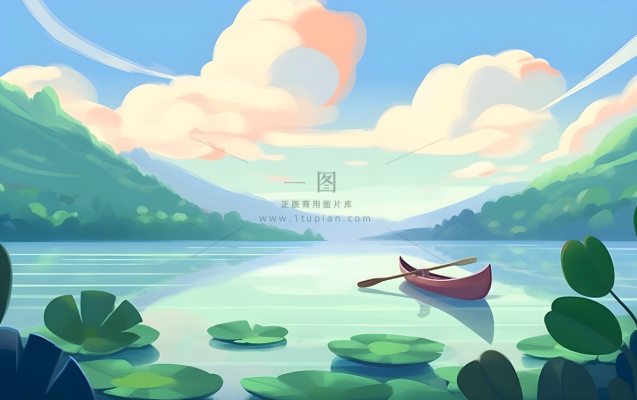 湖中泛舟山森林绿叶花风景插画海报素材背景