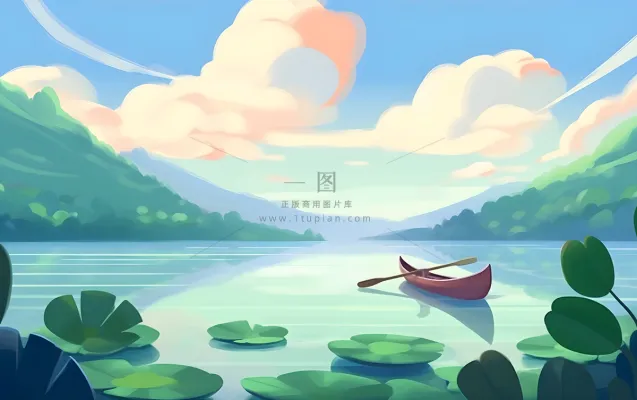 湖中泛舟山森林绿叶花风景插画海报素材背景