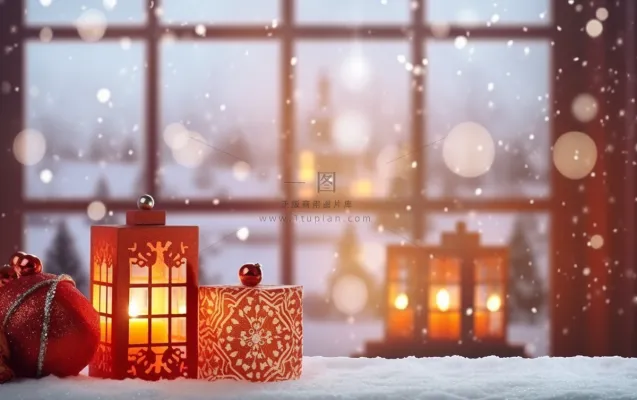 圣诞装饰喜庆礼物红色窗外下雪摄影图