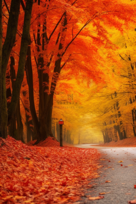 秋天公路边的红色树木树叶都落在了路边摄影图